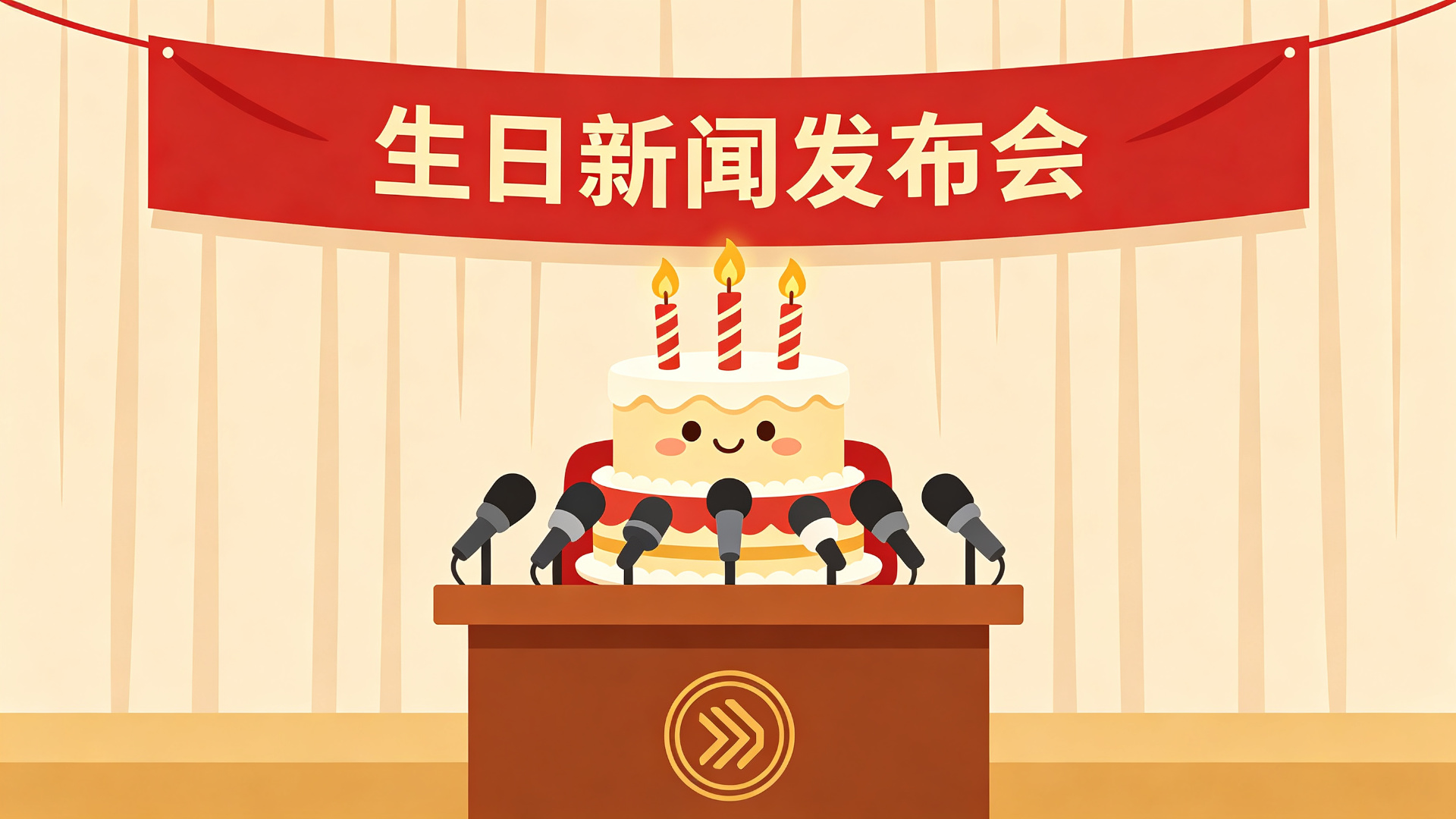 发布会现场插画：生日蛋糕正在讲台上发表讲话