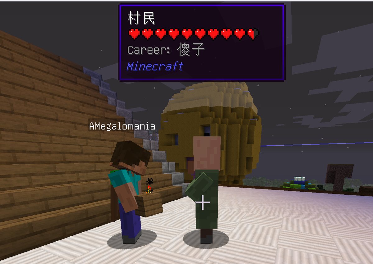 Minecraft 游戏截图,村民职业显示为傻子